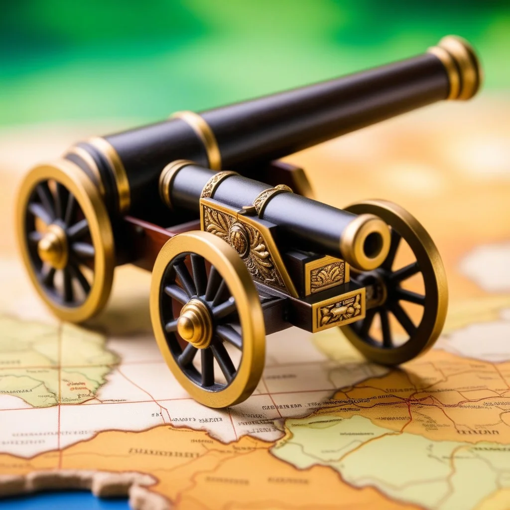 An artistic detail shot of a miniature cannon and a small flag on the relief map, with a shallow depth of field blurring the background, emphasizing the craftsmanship and the historical weight of the military artifacts.