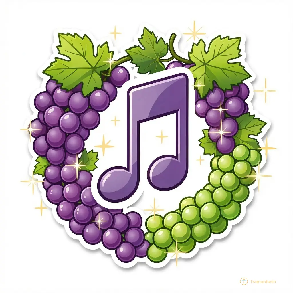Sticker vectoriel joyeux représentant une note de musique stylisée entourée de grappes de raisin violet et vert, avec des étincelles lumineuses