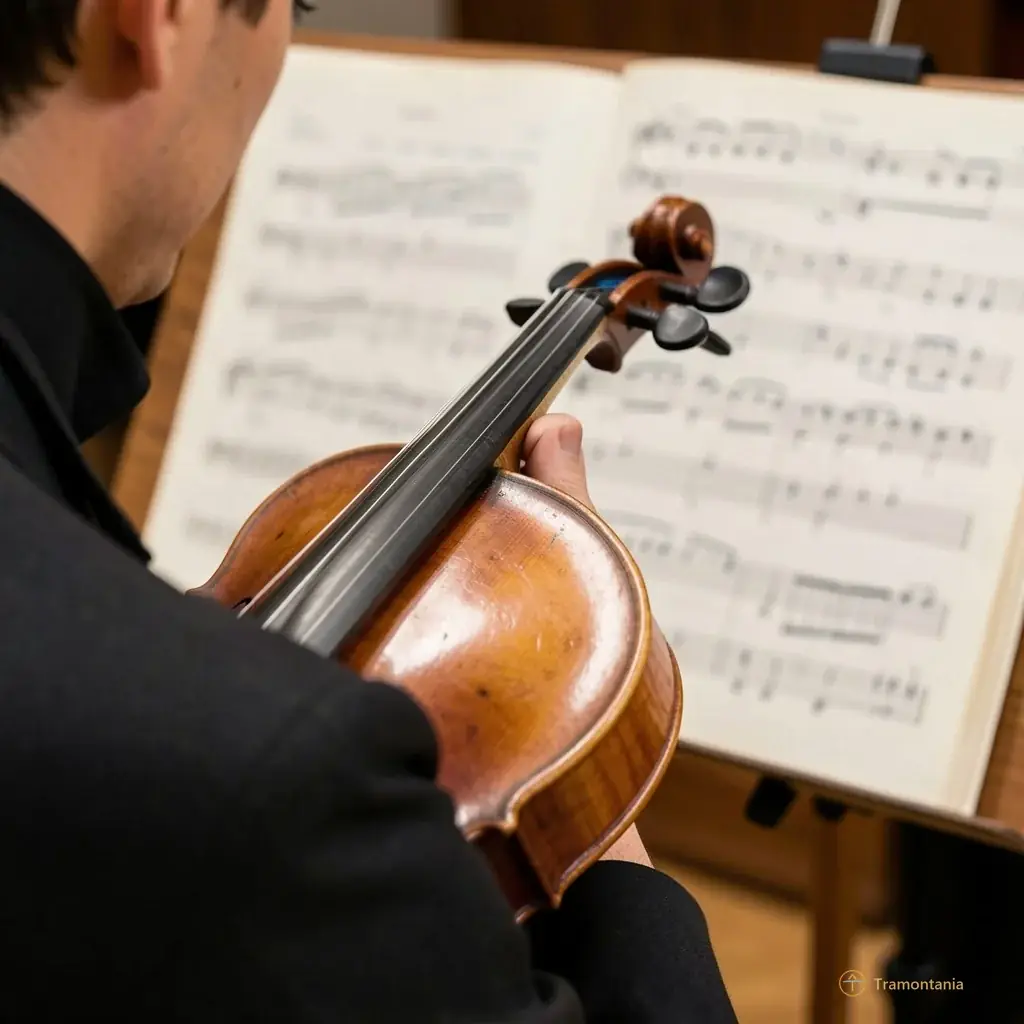 Close-up detail of a baroque violin resting on a musician's shoulder with sheet music visible in soft focus behind it.