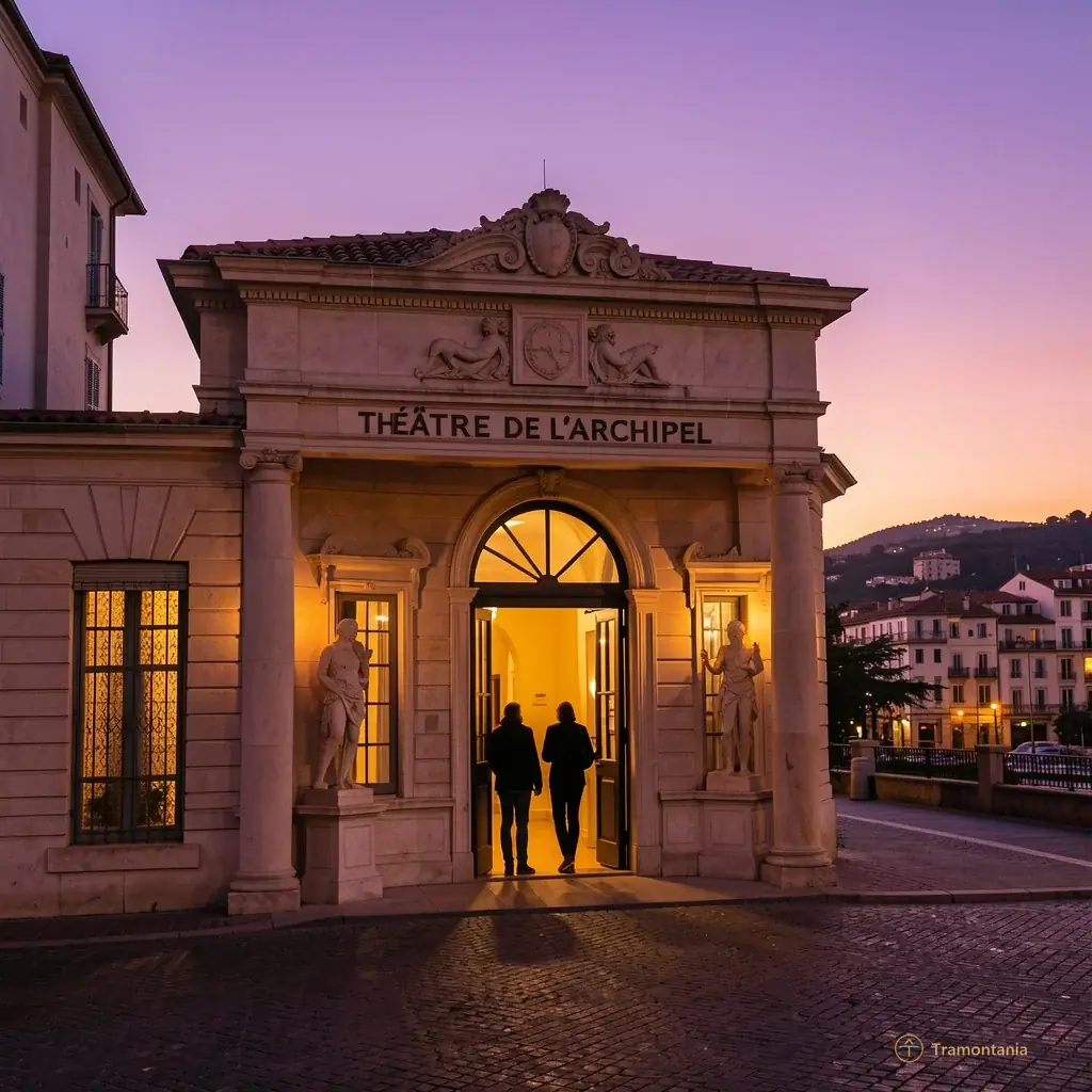 Exterior view of the Théâtre de l'Archipel entrance at twilight, silhouettes entering quietly under purple and orange sky over Perpignan.