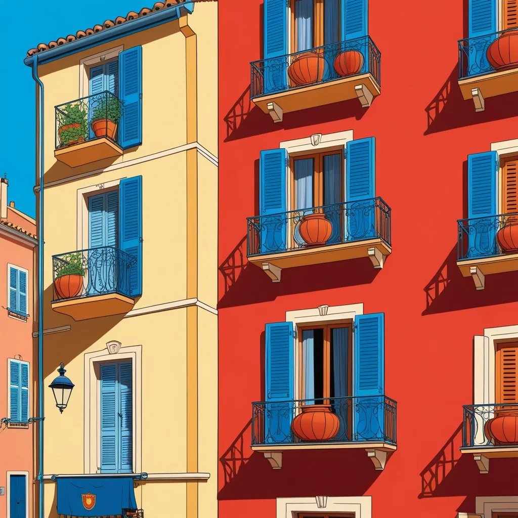 Illustration BD au style rétro et coloré, montrant un vieux quartier de Perpignan vu en plongée. Au premier plan, un musicien joue d'un instrument à cordes sur un balcon, tandis qu'en bas, un photographe cadre une scène de rue avec son appareil. Les couleurs sont chaudes (ocres, rouges, bleus profonds), évoquant la lumière catalane et l'atmosphère vivante de la ville.