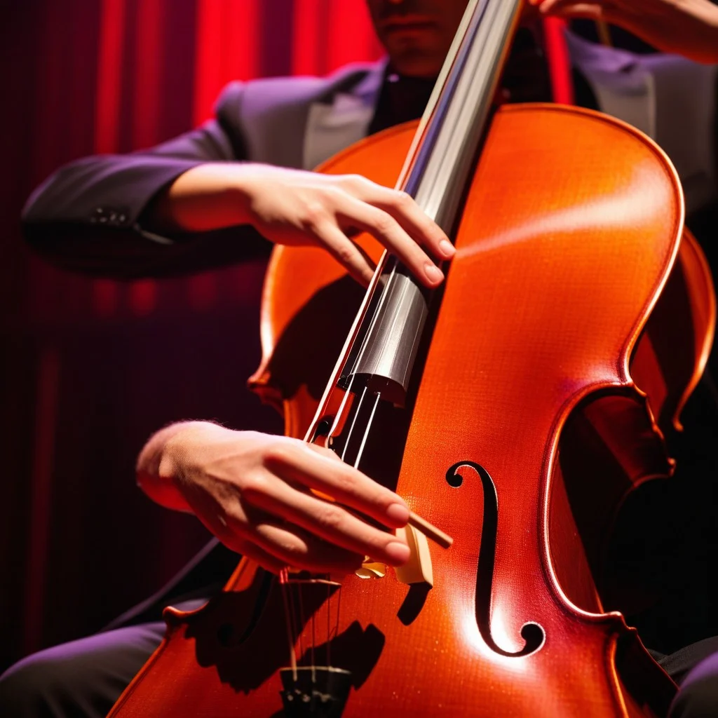 Close-up of hands gripping the neck of a cello, fingers blurred with motion, dramatic red stage lighting highlighting the tension and precision of the performance.