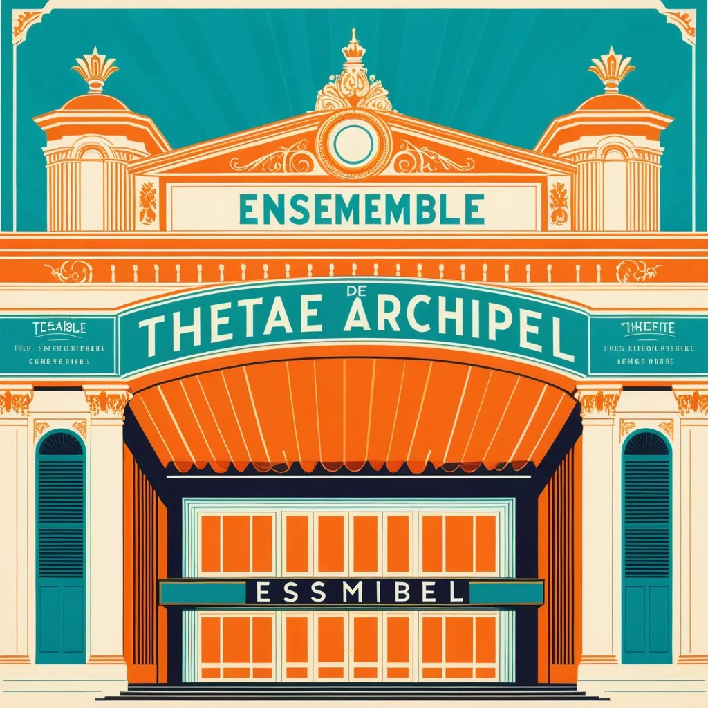 Retro-style poster illustration of the Théâtre de l'Archipel facade with bold typography reading 'Ensemble', vibrant orange and teal color palette, evoking a vintage concert announcement.