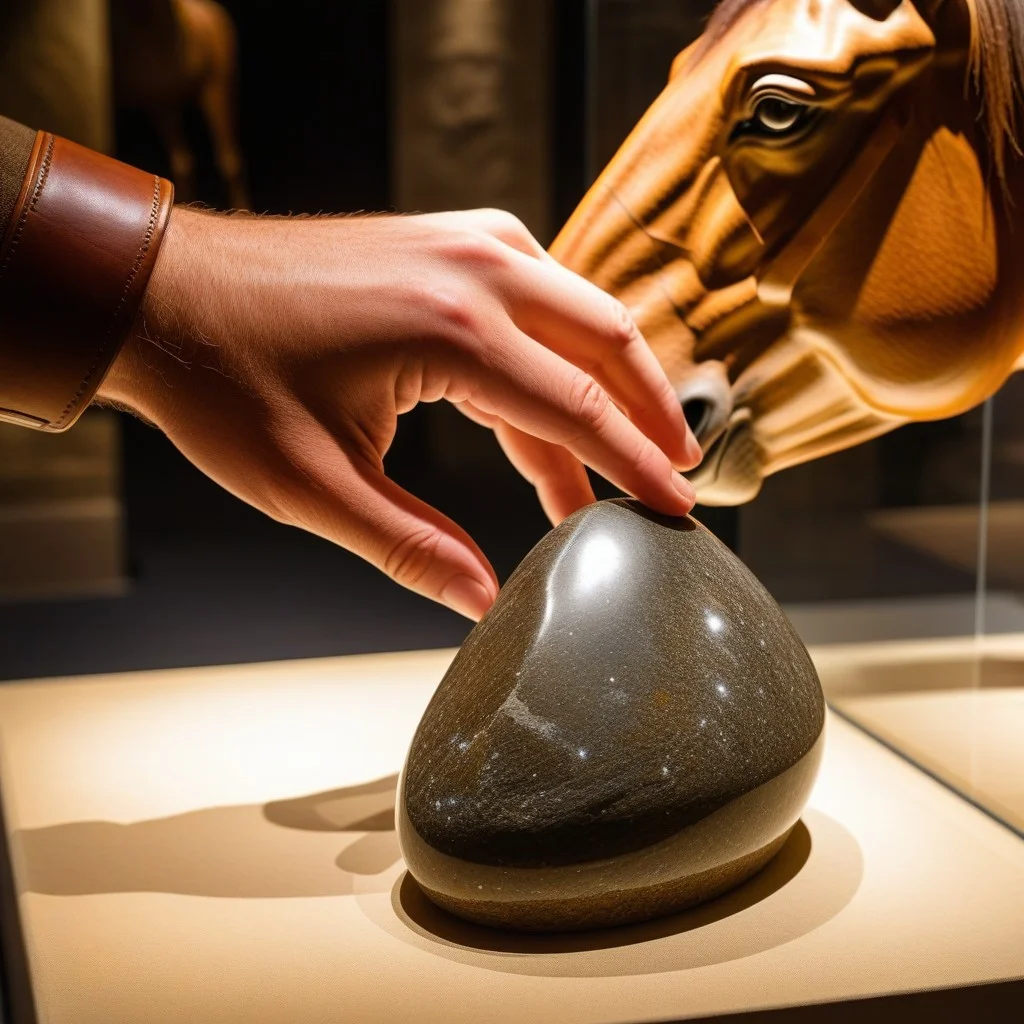 A close-up shot of a visitor's hand gently touching a smooth, polished stone exhibit that depicts a medieval horse's hoof, with warm, focused lighting creating a sense of intimacy and tactile connection with the historical artifact.