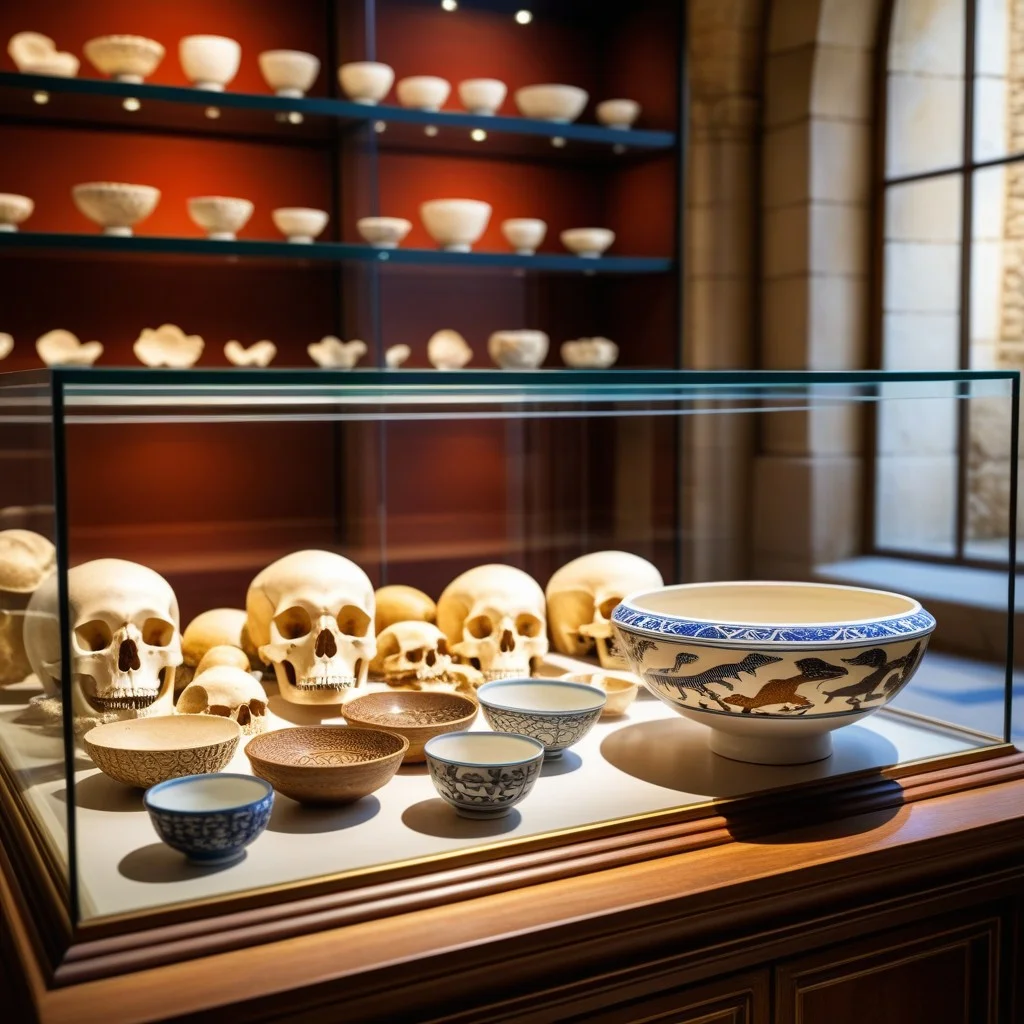 A detailed view of a display case containing a collection of ancient animal bones and a small, intricate ceramic bowl, arranged artistically with soft shadows and a background of blurred medieval architecture, evoking a sense of quiet discovery and historical depth.