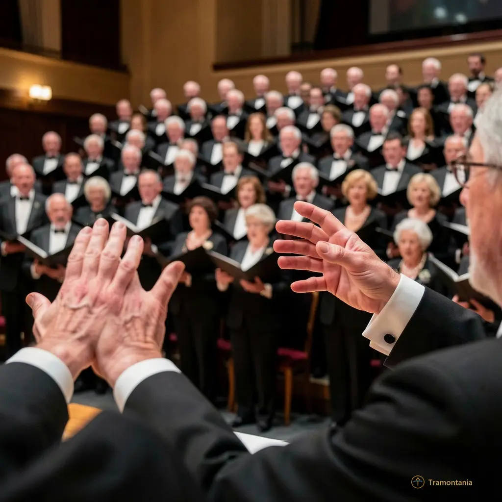 Close up of a conductor's hands gesturing passionately towards a large choir in formal attire
