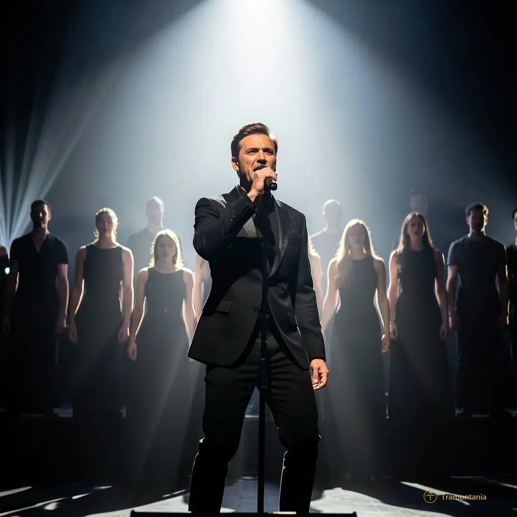 Dynamic shot of the lead singer on stage with dramatic backlighting and silhouettes of the choir behind him