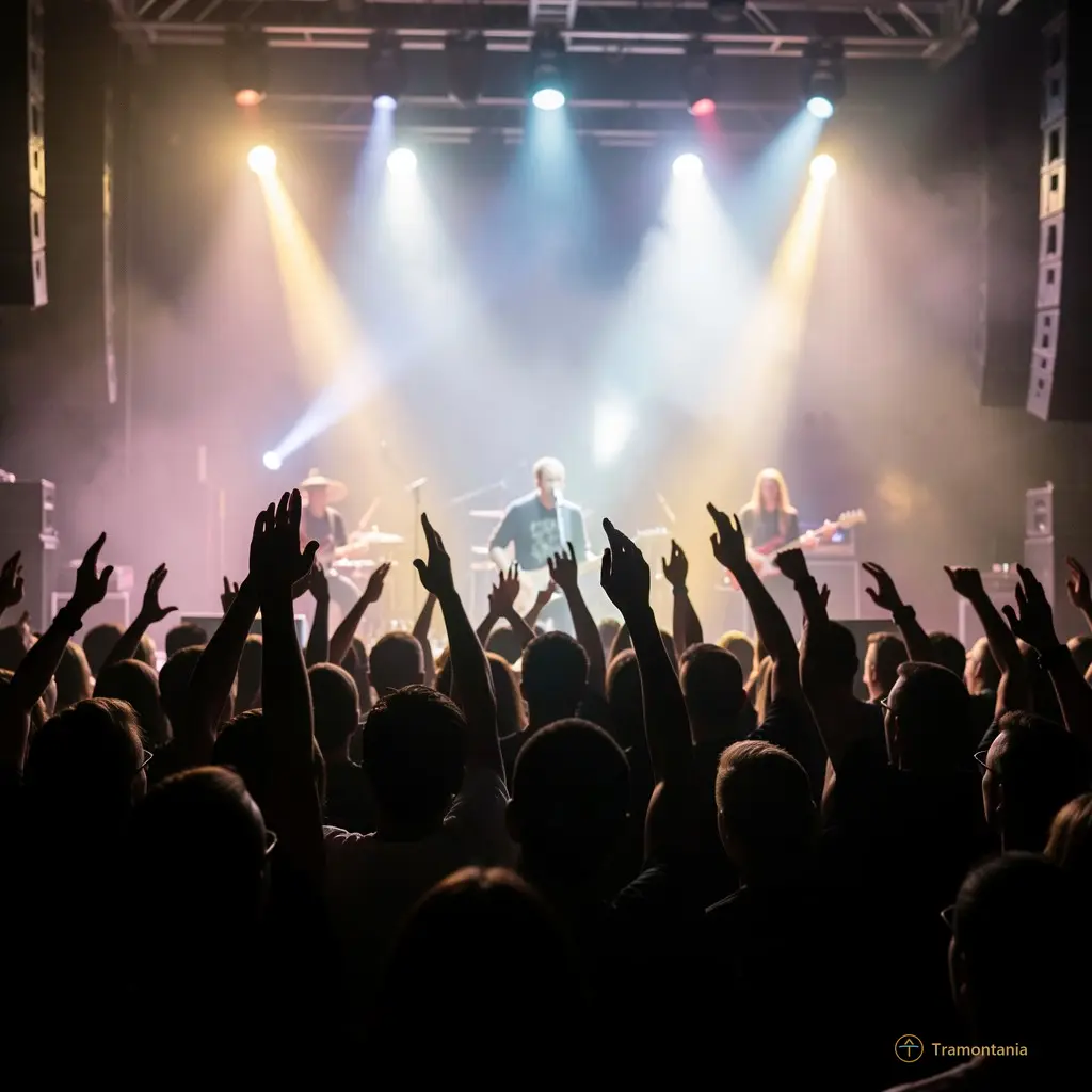 Silhouette of the audience with hands raised in appreciation during a concert climax