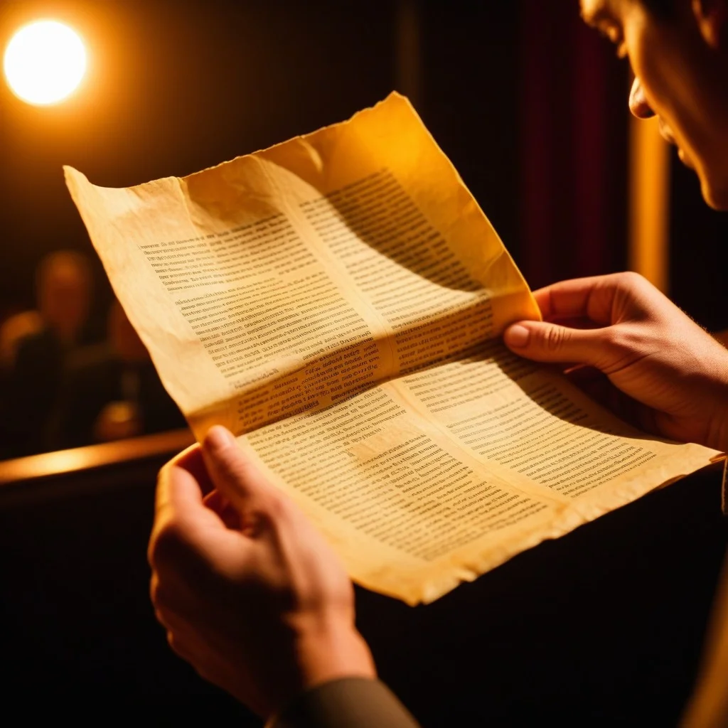 Close-up of a pair of hands holding a crumpled, old-fashioned movie script. The paper is yellowed and stained with coffee. In the blurred background, the warm, amber glow of a stage spotlight cuts through the darkness, creating a dramatic, cinematic contrast.