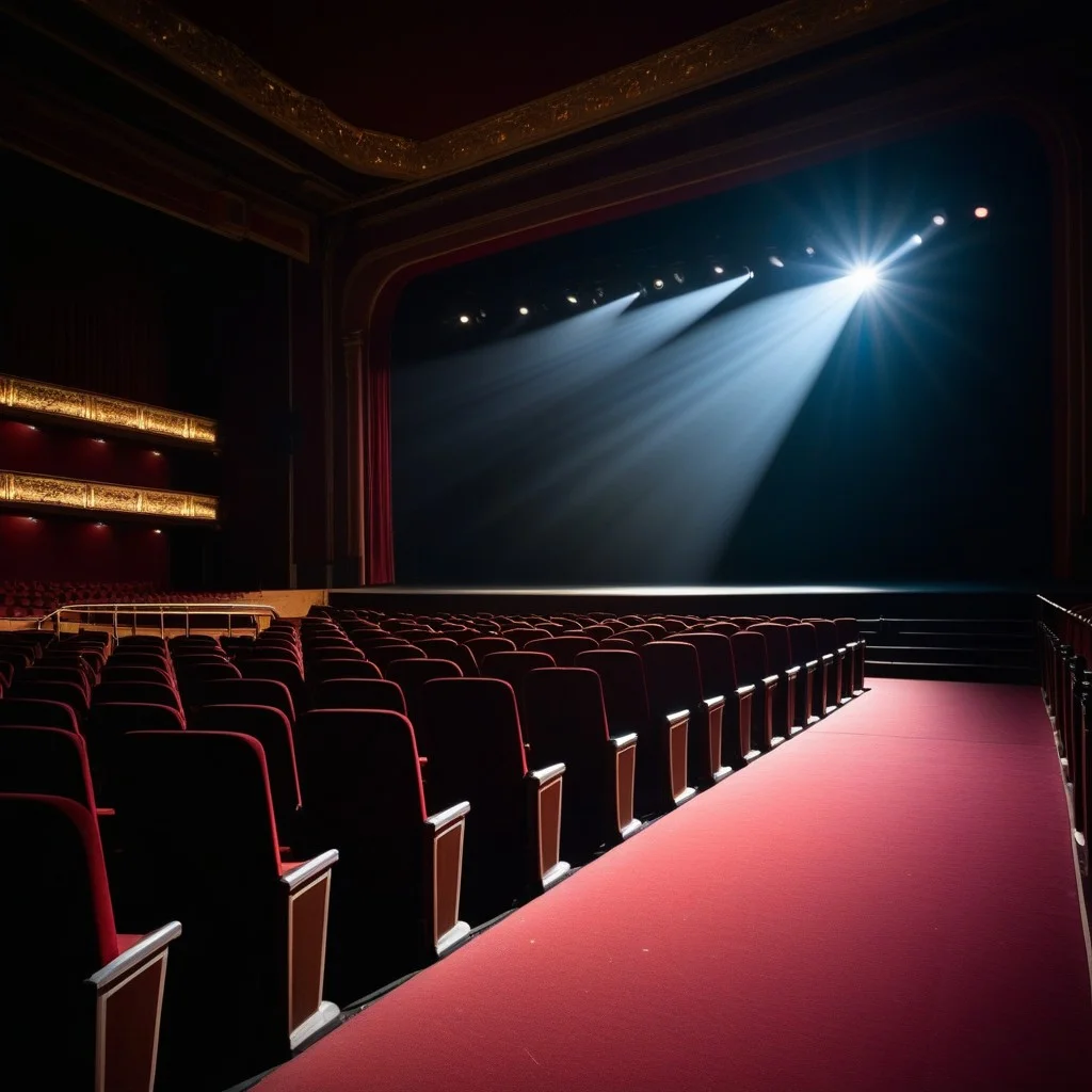 A wide shot of an empty, dimly lit theater aisle leading to the stage. The seats are empty, but the air feels charged with anticipation. A single microphone stand stands in the center of the stage, lit by a sharp, white beam of light against the surrounding darkness.