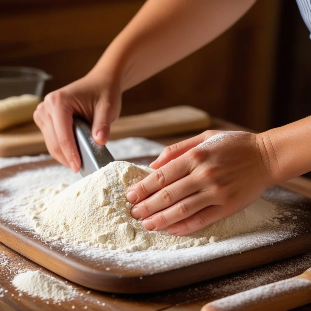 Close-up of hands kneading dough on a wooden surface dusted with flour. The hands are strong but show signs of fatigue. In the blurred background, a traditional ironing board and a heavy iron are visible, symbolizing the domestic tools that have become instruments of oppression. The texture of the flour is highlighted by warm, dramatic side-lighting.