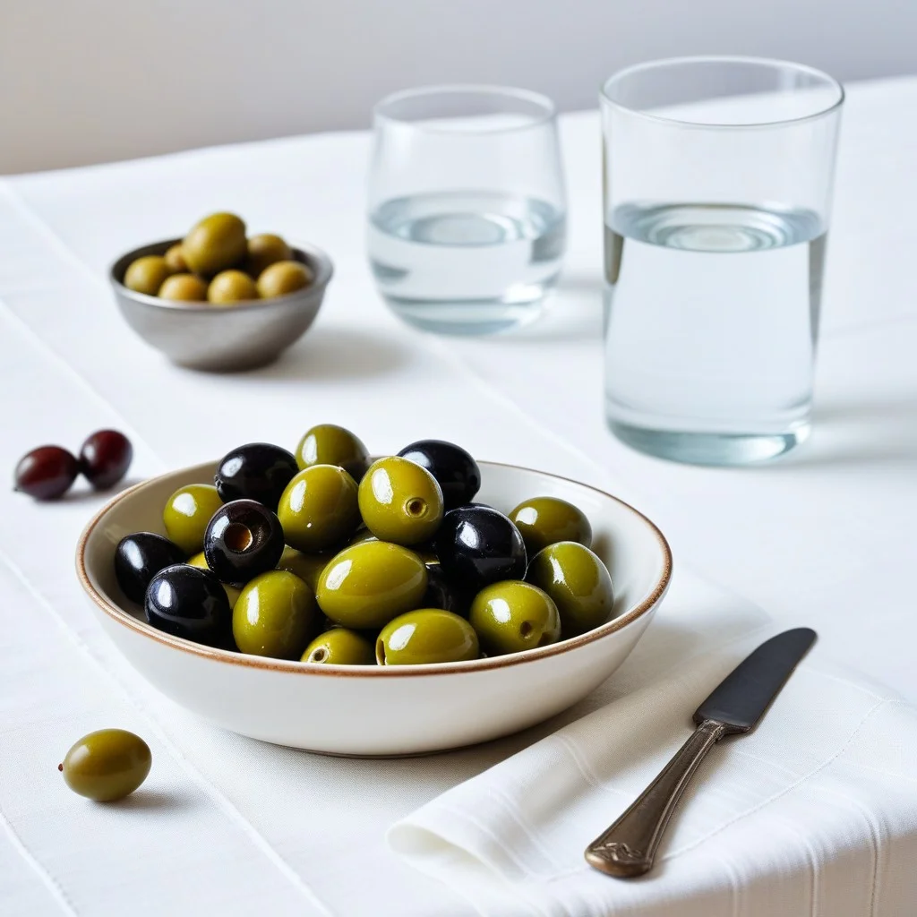 A detailed shot of a vintage, heavy iron resting on a folded, crisp white tablecloth. Next to it, a small, delicate ceramic bowl of olives and a glass of water. The contrast between the industrial, cold iron and the organic, life-sustaining food creates a tense, surreal atmosphere. The focus is sharp on the textures of the cloth and the metal.