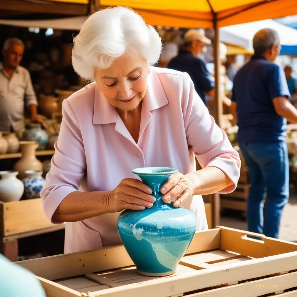 Detailed view of a stack of old hardcover books and vintage glass jars on a flea market table, bathed in soft morning light with shallow depth of field.