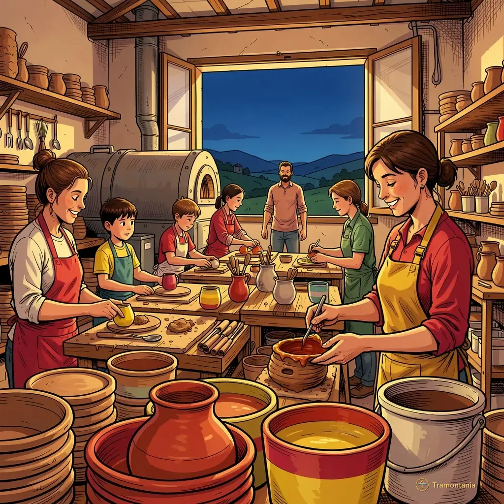L'intérieur de l'atelier céramique perpignanais présente plusieurs personnes observant le travail avec des matériaux bruts disposés autour des tables