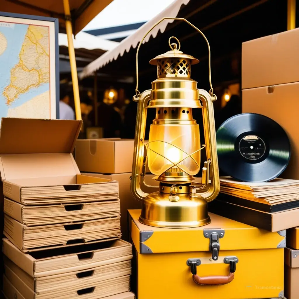Close-up of a vintage brass lantern with intricate engravings sitting on top of stacked cardboard boxes filled with old vinyl records and yellowed paper maps at the market stall.