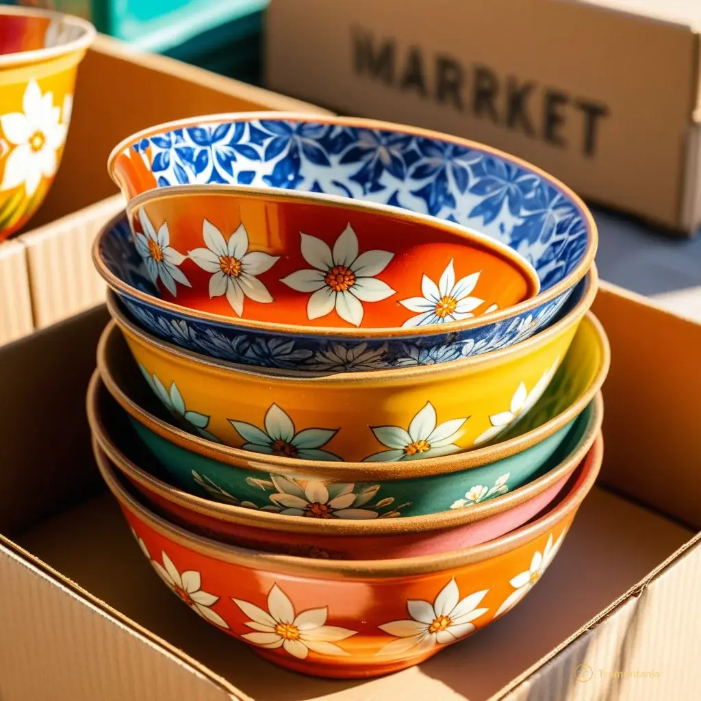 Detail shot of a colorful vintage ceramic bowl with faded floral patterns sitting on top of cardboard boxes at the market stall, warm sunlight highlighting its texture and glaze.