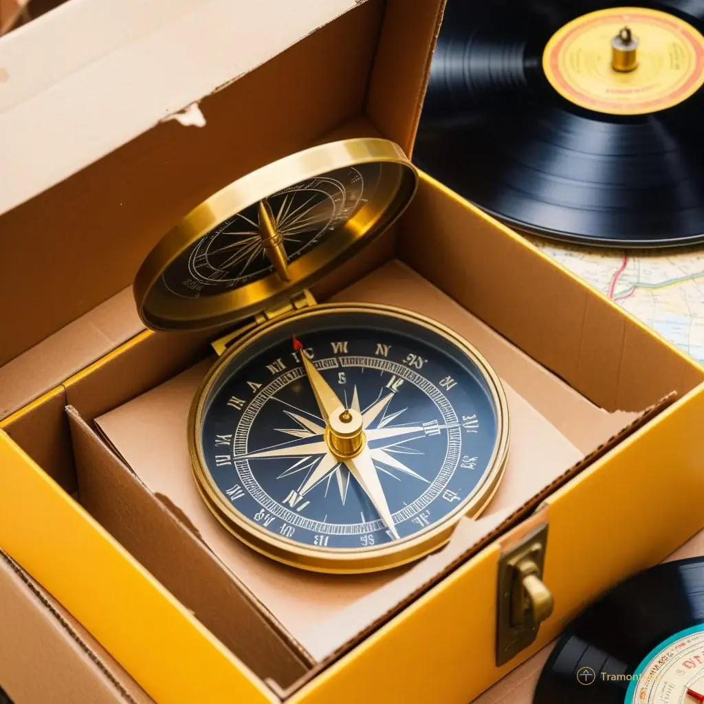 Close-up of a vintage brass compass resting on top of stacked cardboard boxes filled with old vinyl records and yellowed paper maps at the market stall, highlighting the texture of aged objects under soft morning light.
