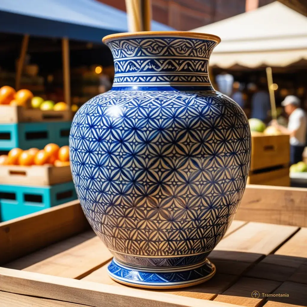 Detail shot of a vintage ceramic vase with intricate patterns standing on a wooden crate at the market stall, highlighting its unique design and weathered texture under natural daylight.