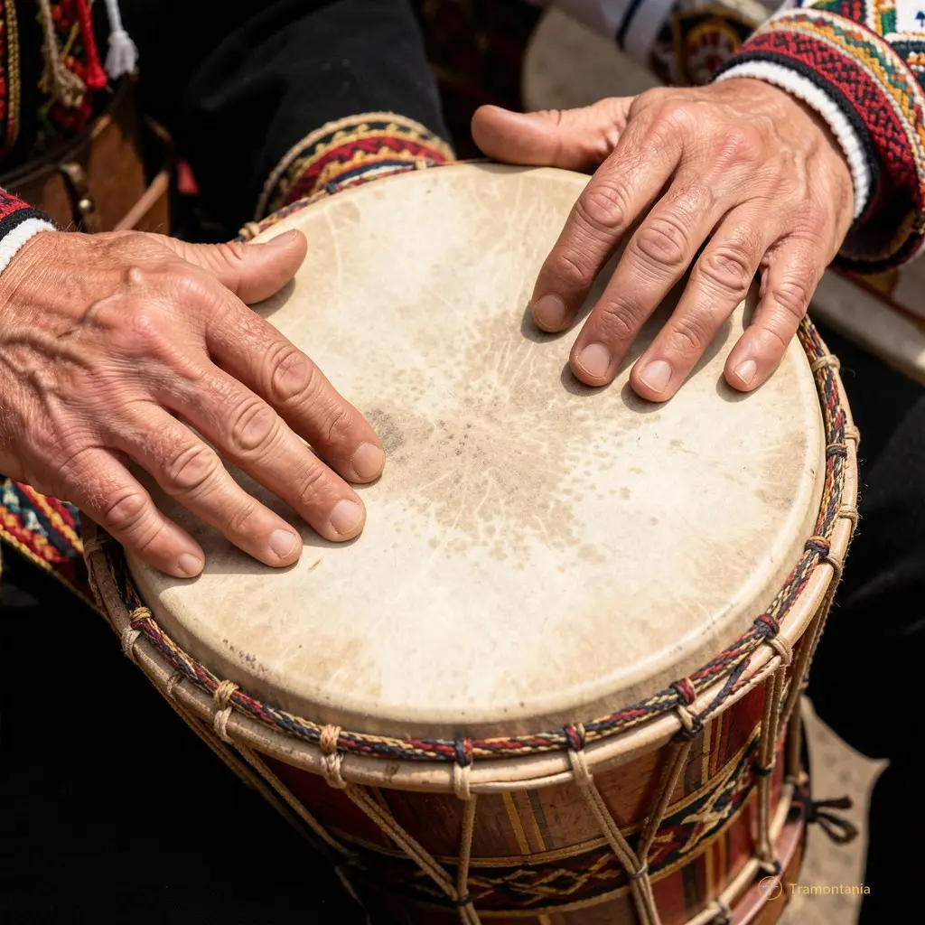Close-up of hands playing a traditional Catalan drum with detailed texture