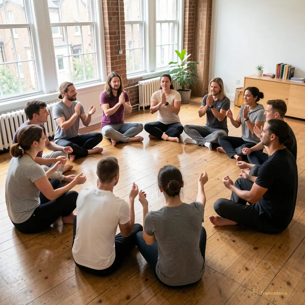 Group of people in a circle during a rhythmic improvisation class, natural light