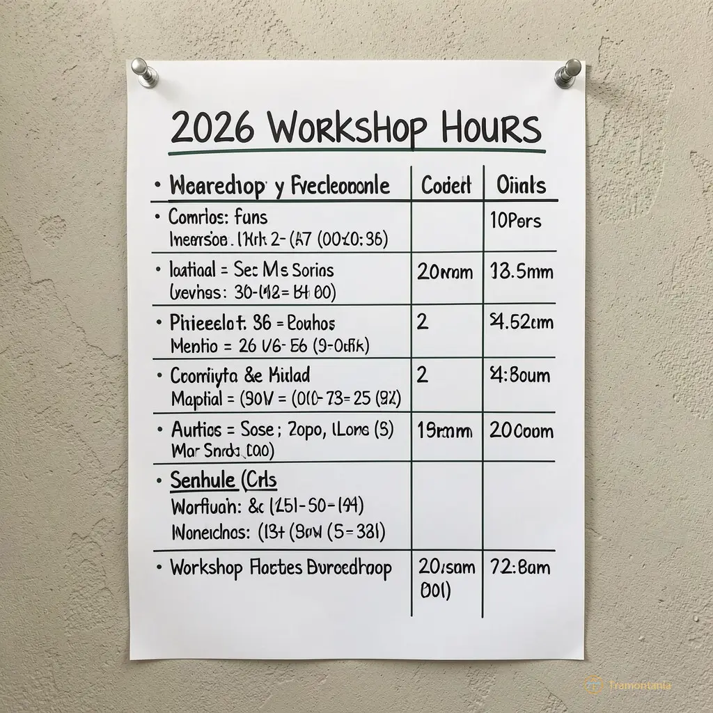 Handwritten schedule poster on a wall indicating 2026 workshop hours