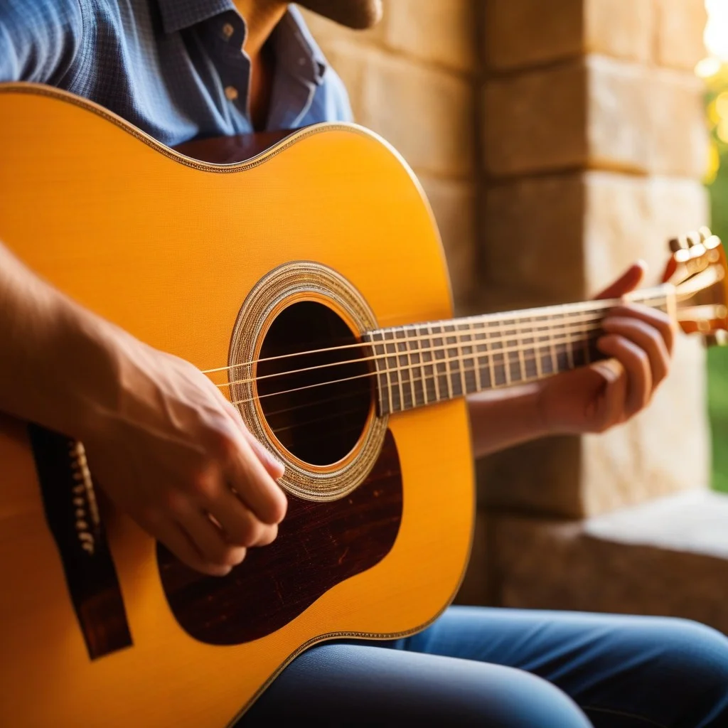 A close-up of hands playing a traditional acoustic guitar, fingers pressing the strings. The background is softly blurred, showing the texture of old stone walls and warm, golden afternoon light filtering through a window.