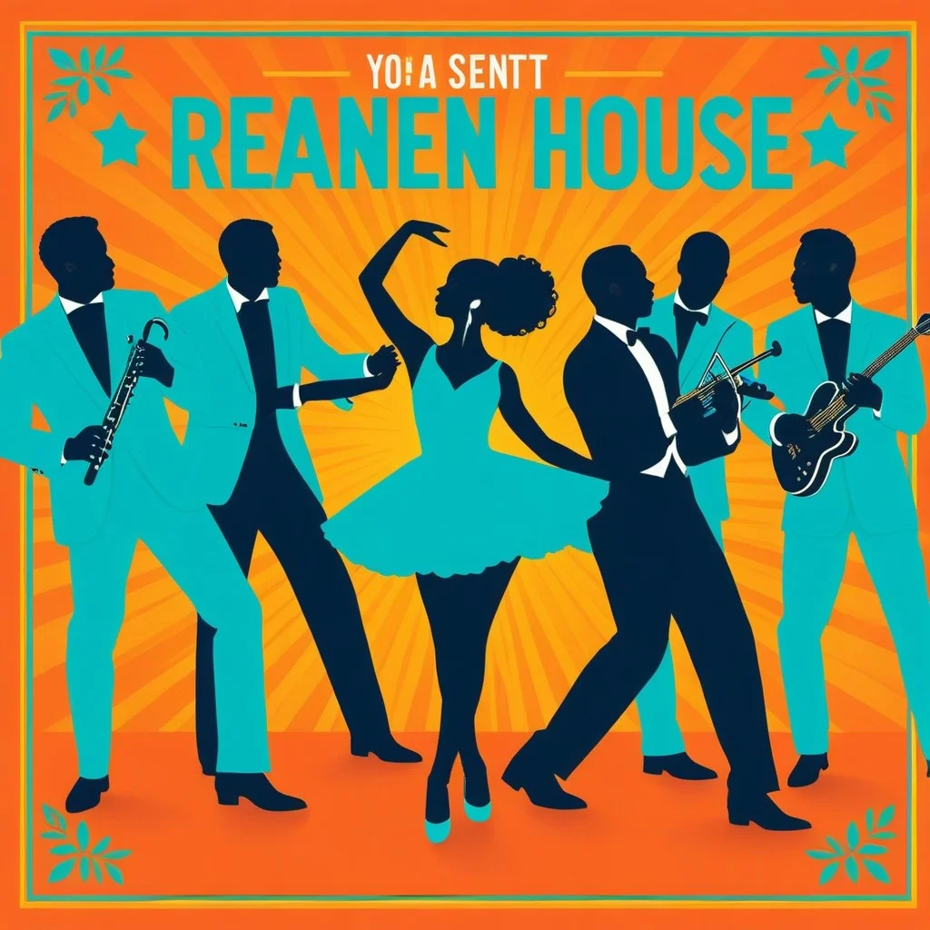 A vibrant, retro-style poster illustration featuring silhouettes of dancers and musicians in dynamic poses, set against a warm orange and teal background with bold, hand-drawn typography announcing an open house event.