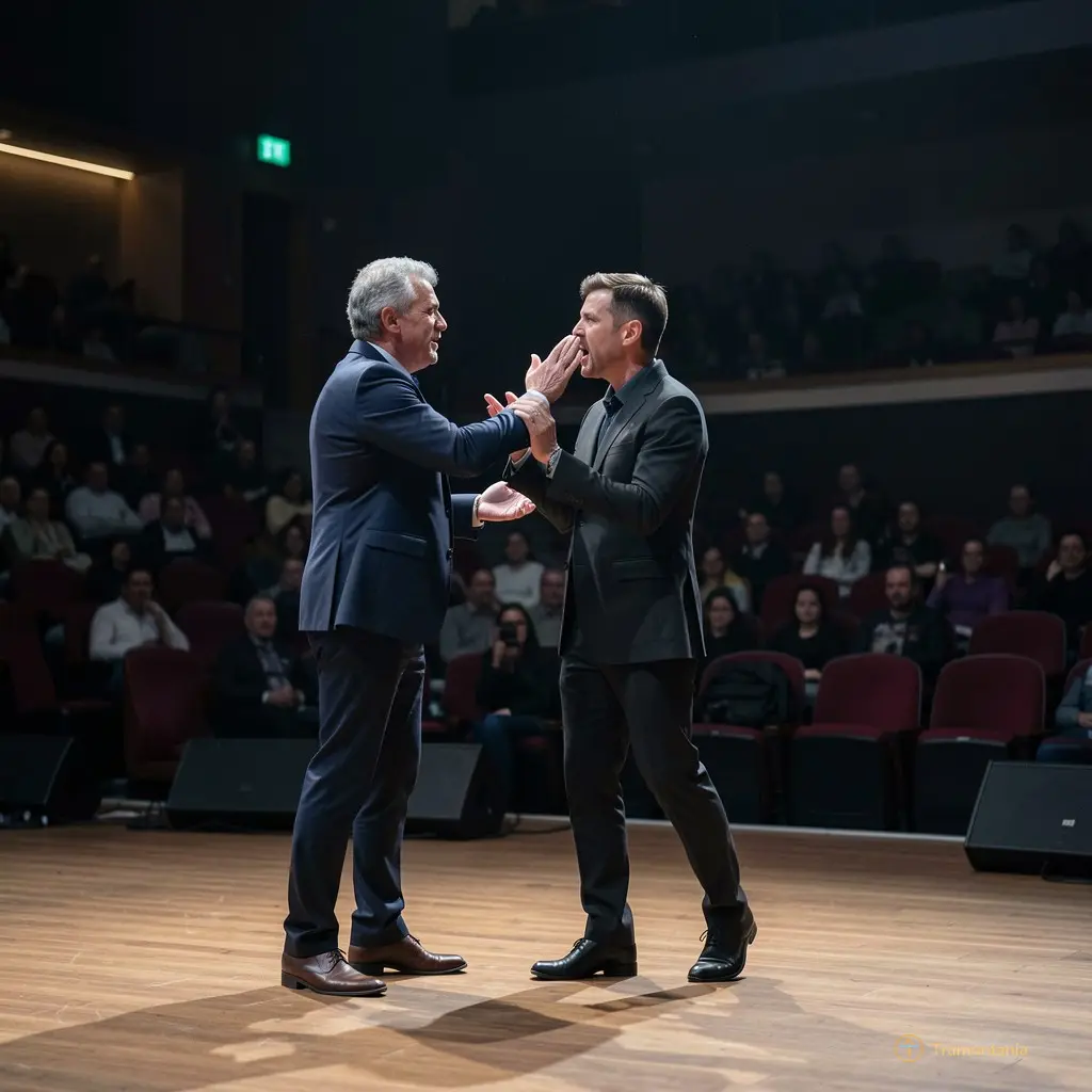 Une vue latérale de la scène avec deux acteurs en pleine interaction dramatique, éclairage focalisé sur eux, le reste de la salle dans une pénombre douce