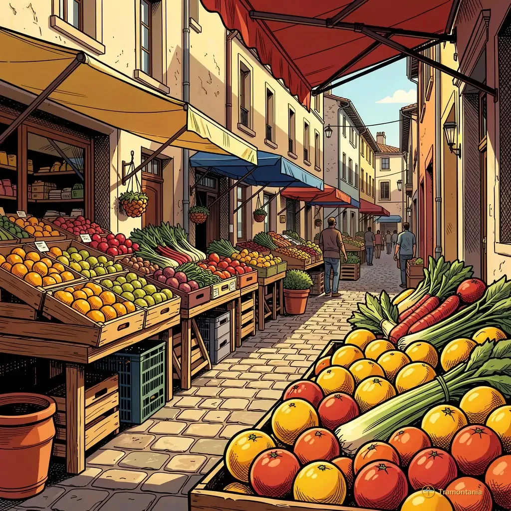 Un dessin de bande dessinée montre une rue animée du marché avec des caisses remplies de fruits et légumes locaux sur des étals