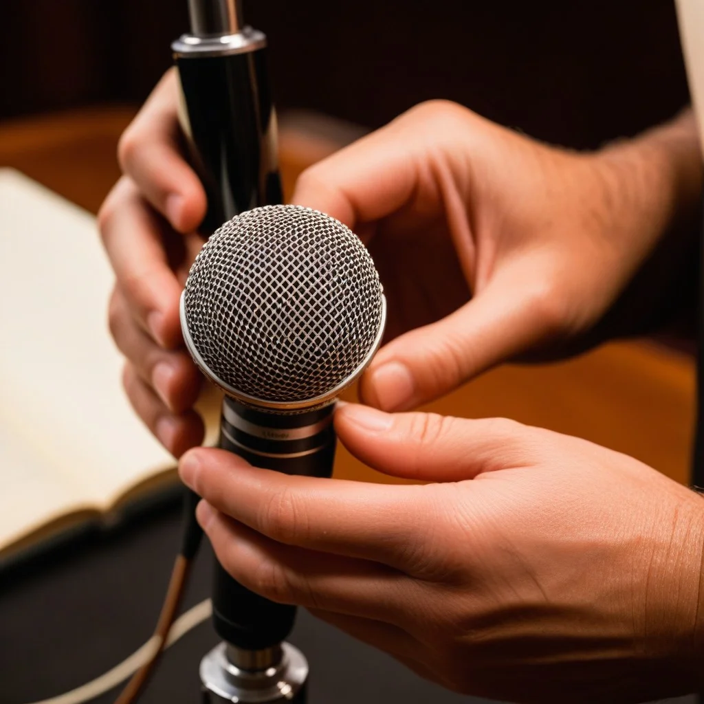 A close-up of a pair of hands adjusting the head of a vintage microphone, fingers stained with ink, hinting at a writer's or performer's meticulous preparation before a show.