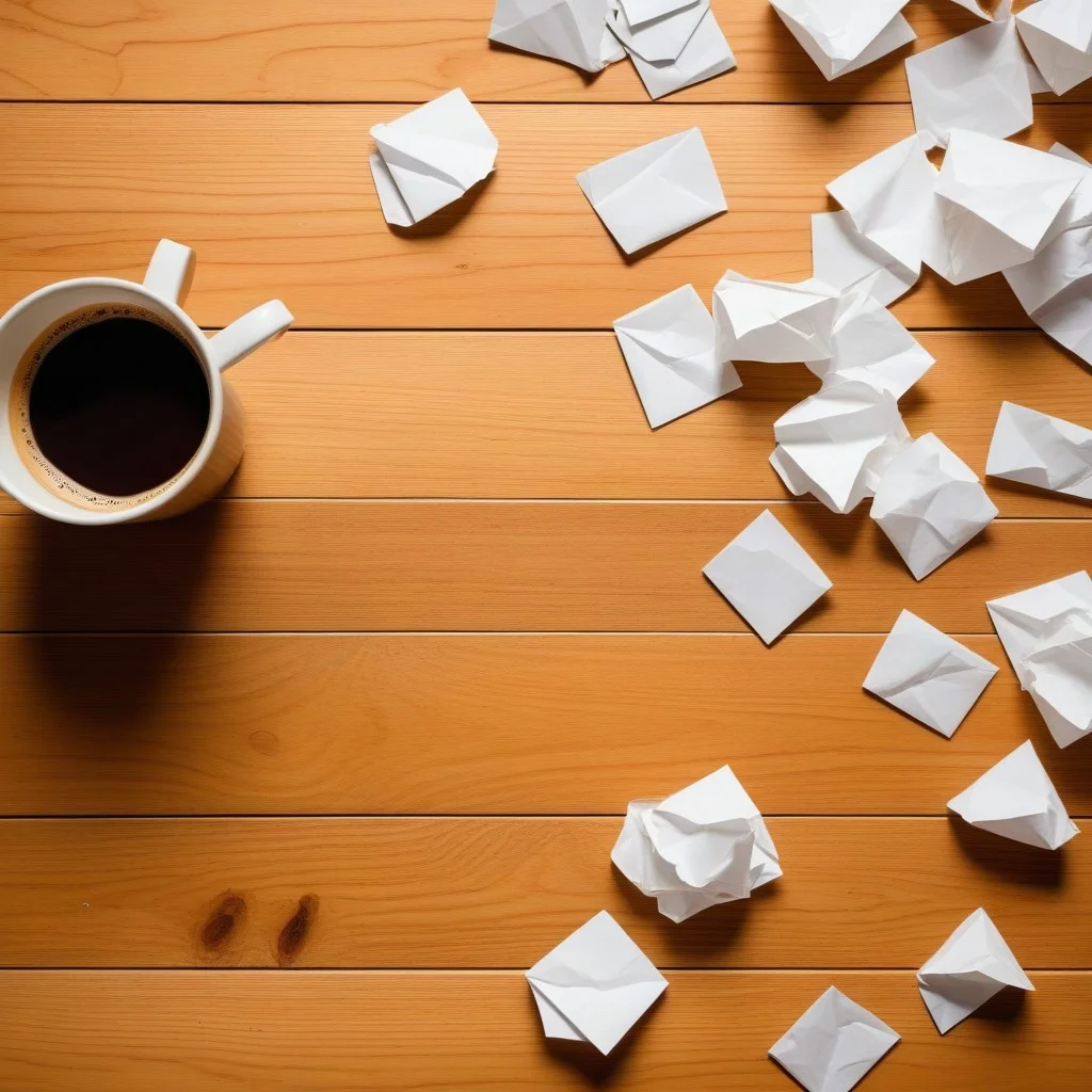 A detailed view of a wooden stage floor scattered with crumpled pieces of paper and a single coffee cup, capturing the chaotic energy of a creative rehearsal space.