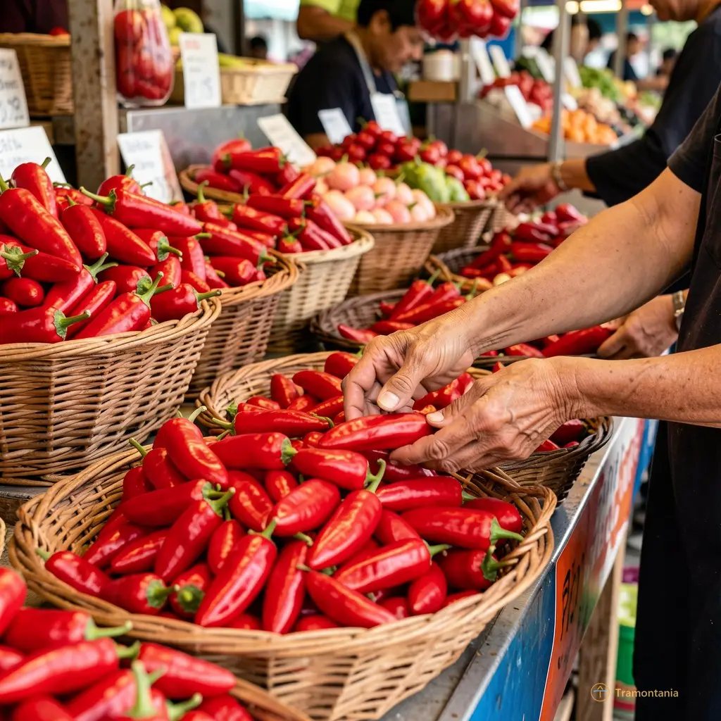 Close-up of a vendor's stall overflowing with bright red peppers and woven baskets, hands arranging produce with care