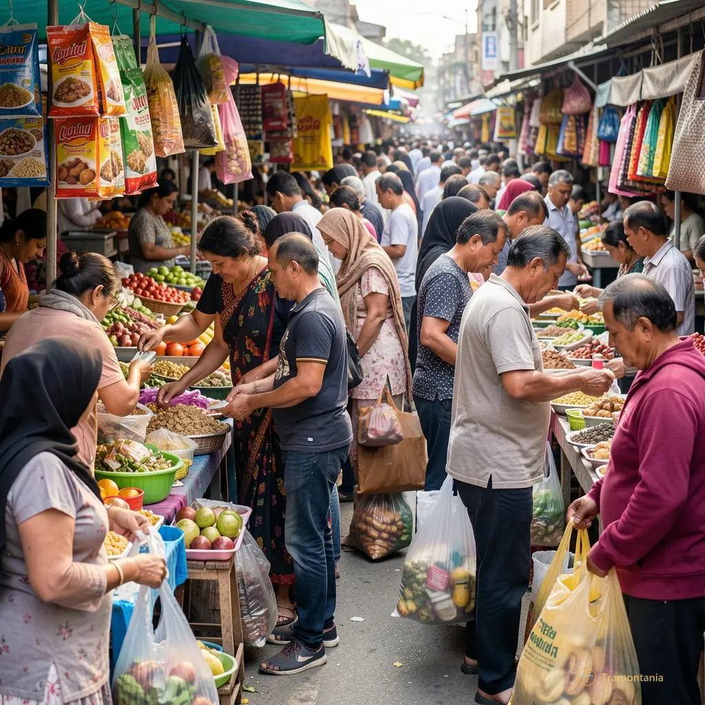 A bustling crowd scene at the market with people bargaining and carrying bags, focusing on the vibrant interaction between buyers and sellers