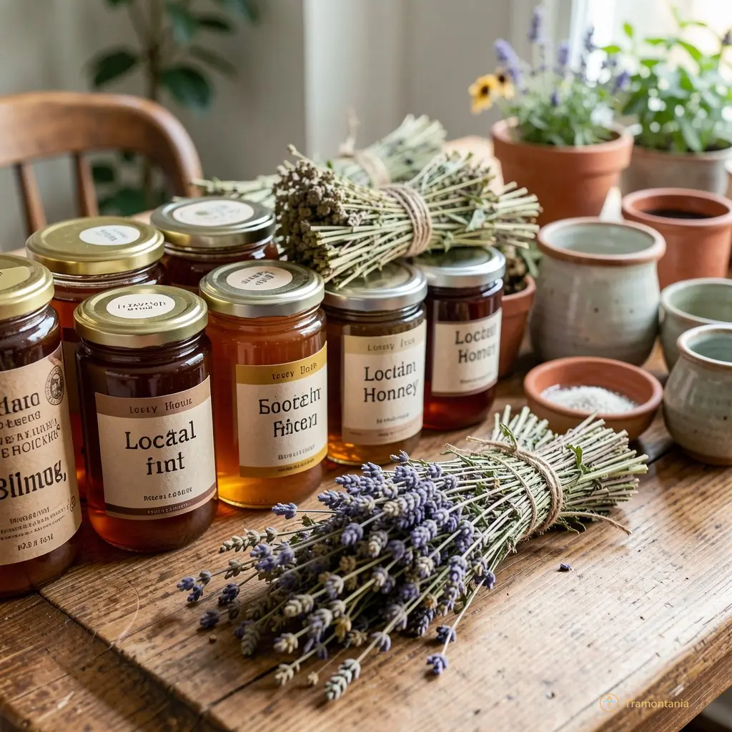 Detail shot of a table displaying local honey jars, dried herbs bundles, and small ceramic pots under natural daylight