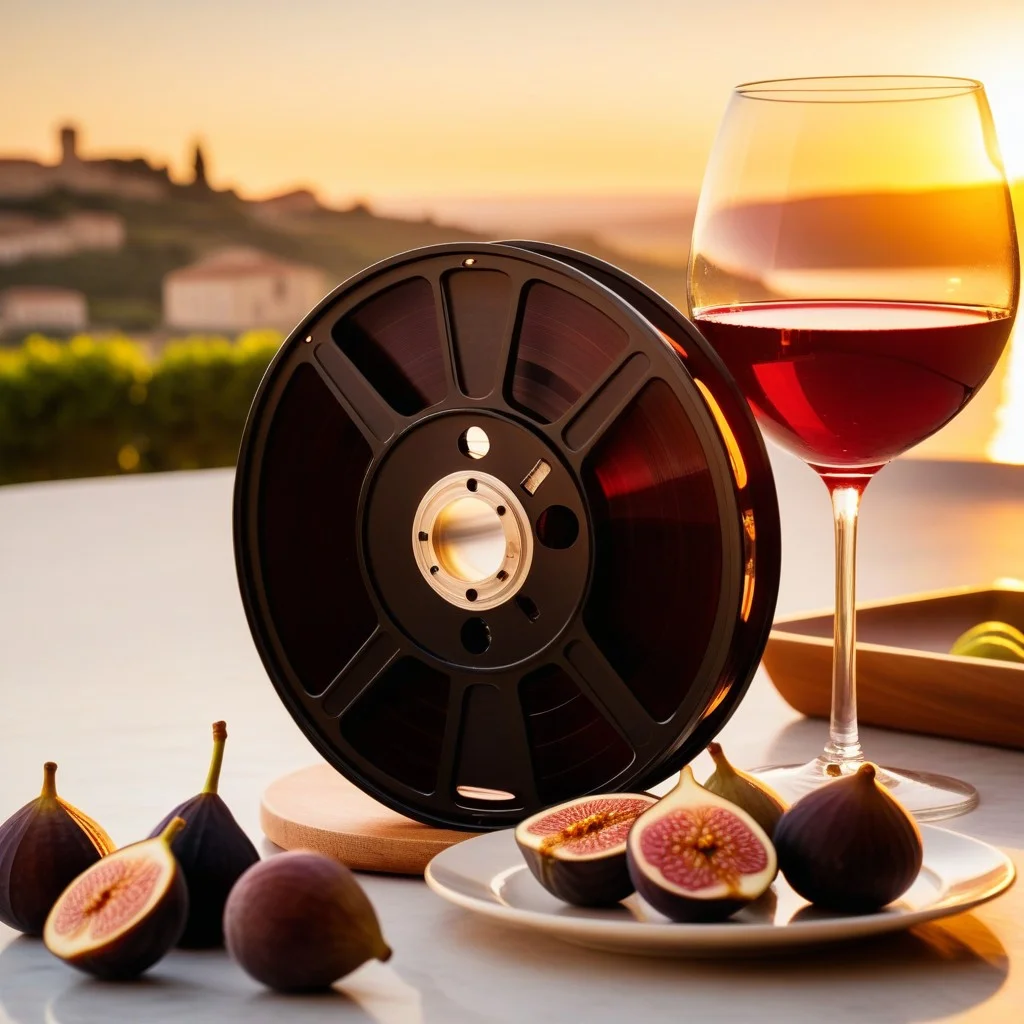 Close-up of a vintage 8mm film reel spinning slowly, next to a glass of deep red Roussillon wine and a small plate of fresh figs, bathed in the golden light of a setting sun.