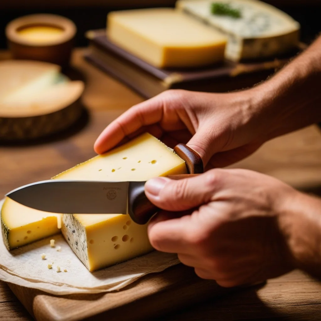 A detailed shot of hands holding a small, rustic knife with a boxwood handle, cutting a piece of local cheese, with a blurred background of a cozy, dimly lit room filled with old photographs and books.