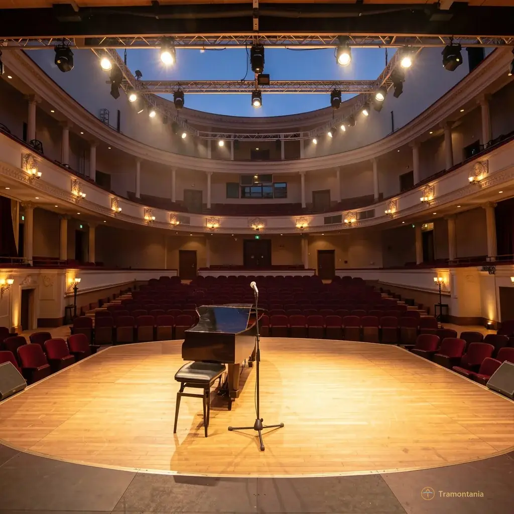 A wide shot of the empty Salle Grenat at L'Archipel during twilight, with warm stage lights illuminating a single microphone stand and piano