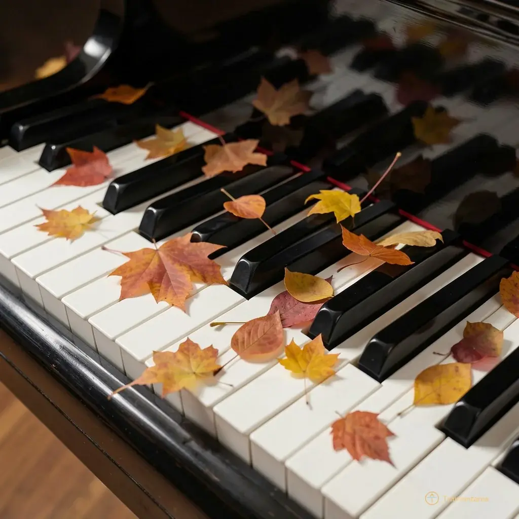 An artistic detail of a grand piano keyboard with scattered autumn leaves on the keys, symbolizing the passage of time and musical heritage