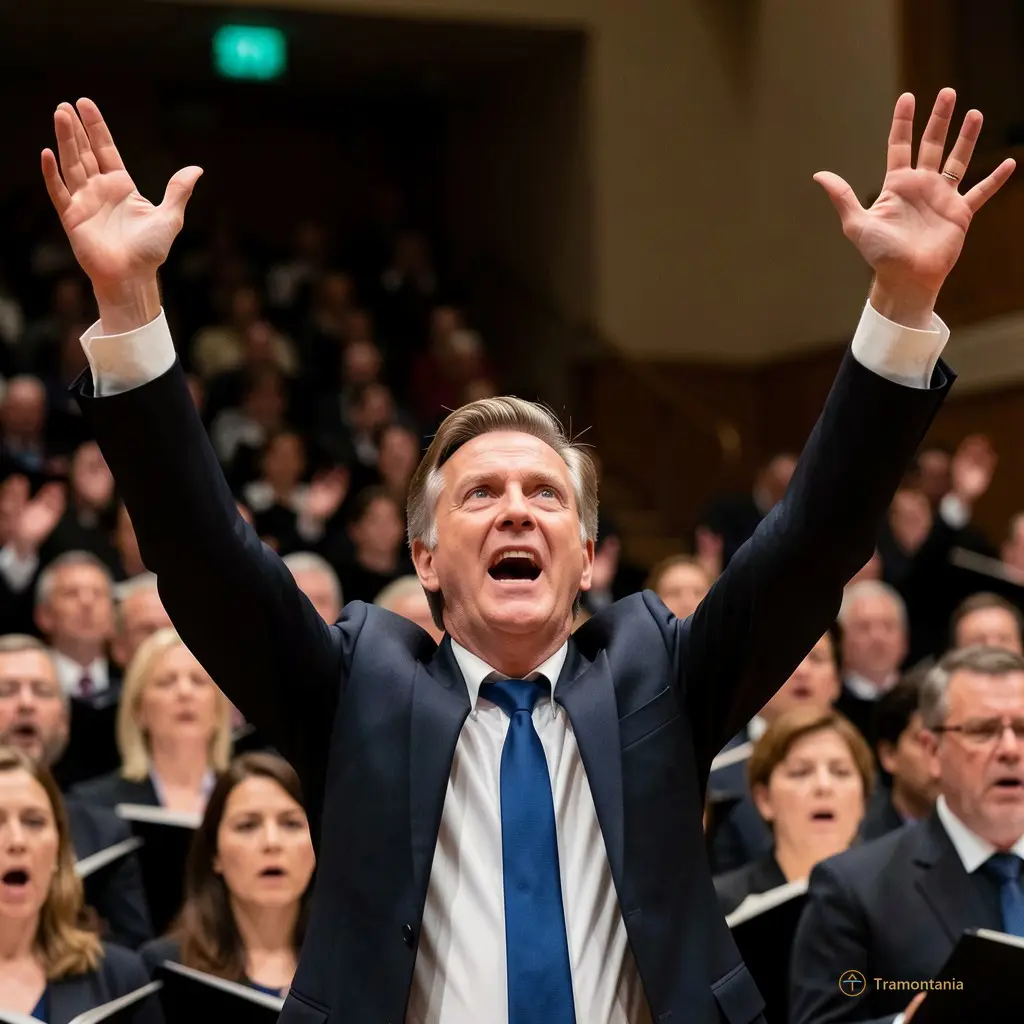 Close-up of a choir director with arms raised high, dynamic angle showing the intensity and energy of the performance
