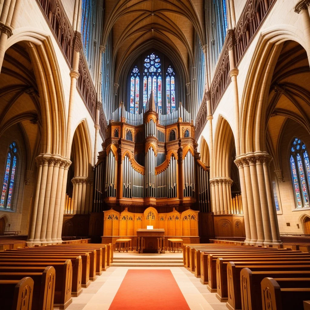 A wide-angle shot of the interior of a stone cathedral, focusing on the intricate pipes of a large pipe organ bathed in soft, ambient light, with a few ancient musical manuscripts resting on a wooden lectern in the foreground.
