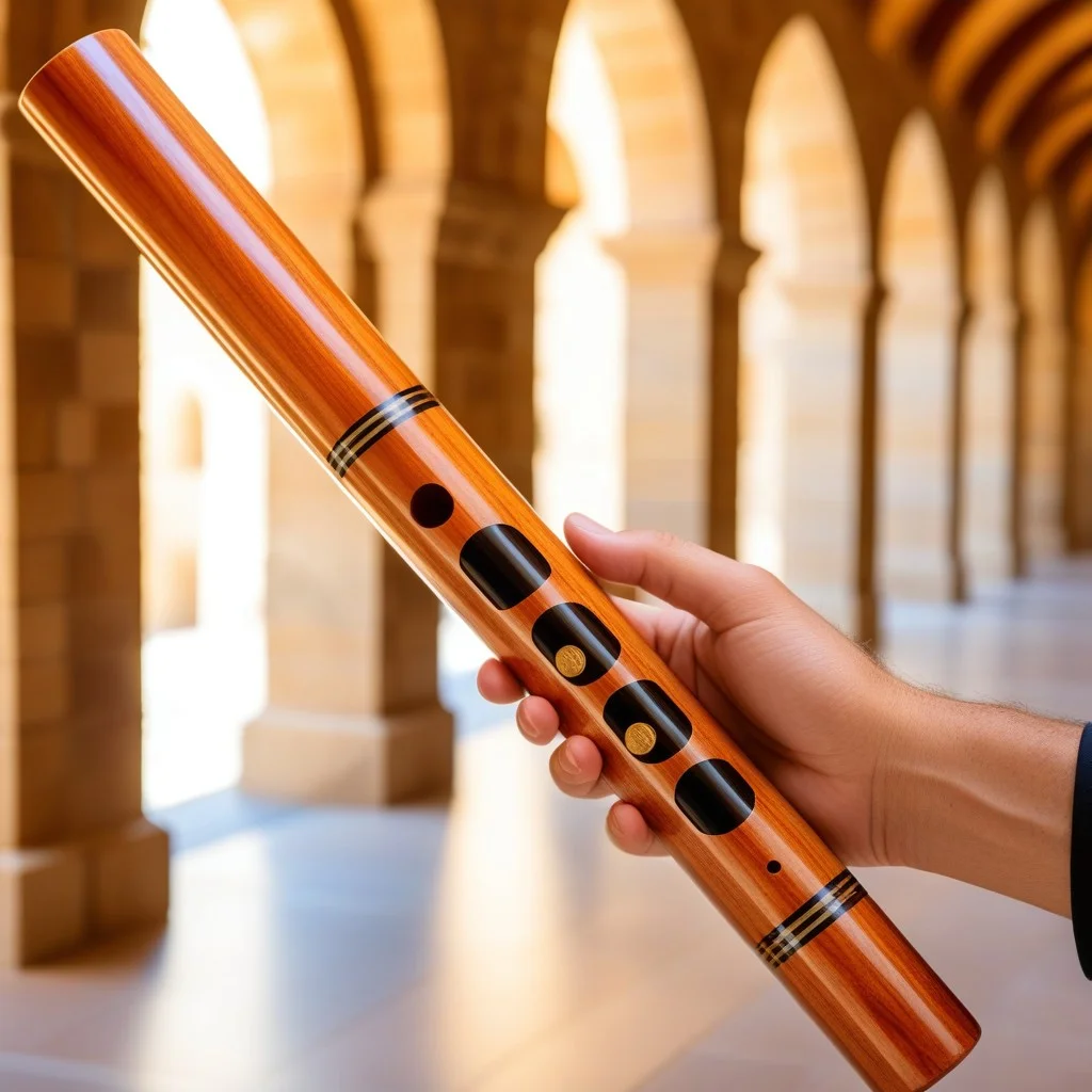 A detailed view of hands holding a traditional Catalan oboe (tenora) made of light wood, with a blurred background of stone arches, highlighting the craftsmanship and the warm tone of the wood.