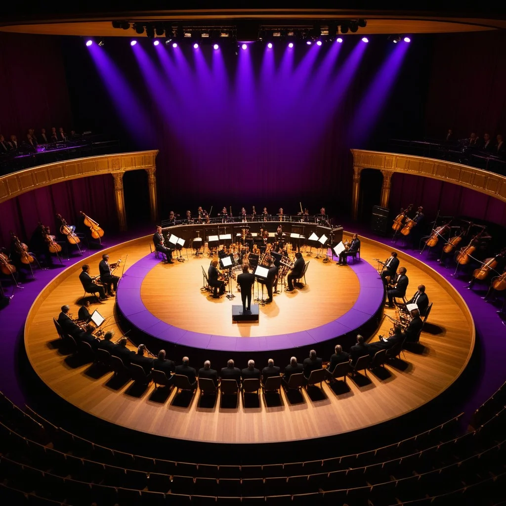 A wide shot of a semi-circle orchestra pit filled with musicians in dark formal wear, bathed in deep violet and gold spotlights that create dramatic shadows on the wooden stage floor