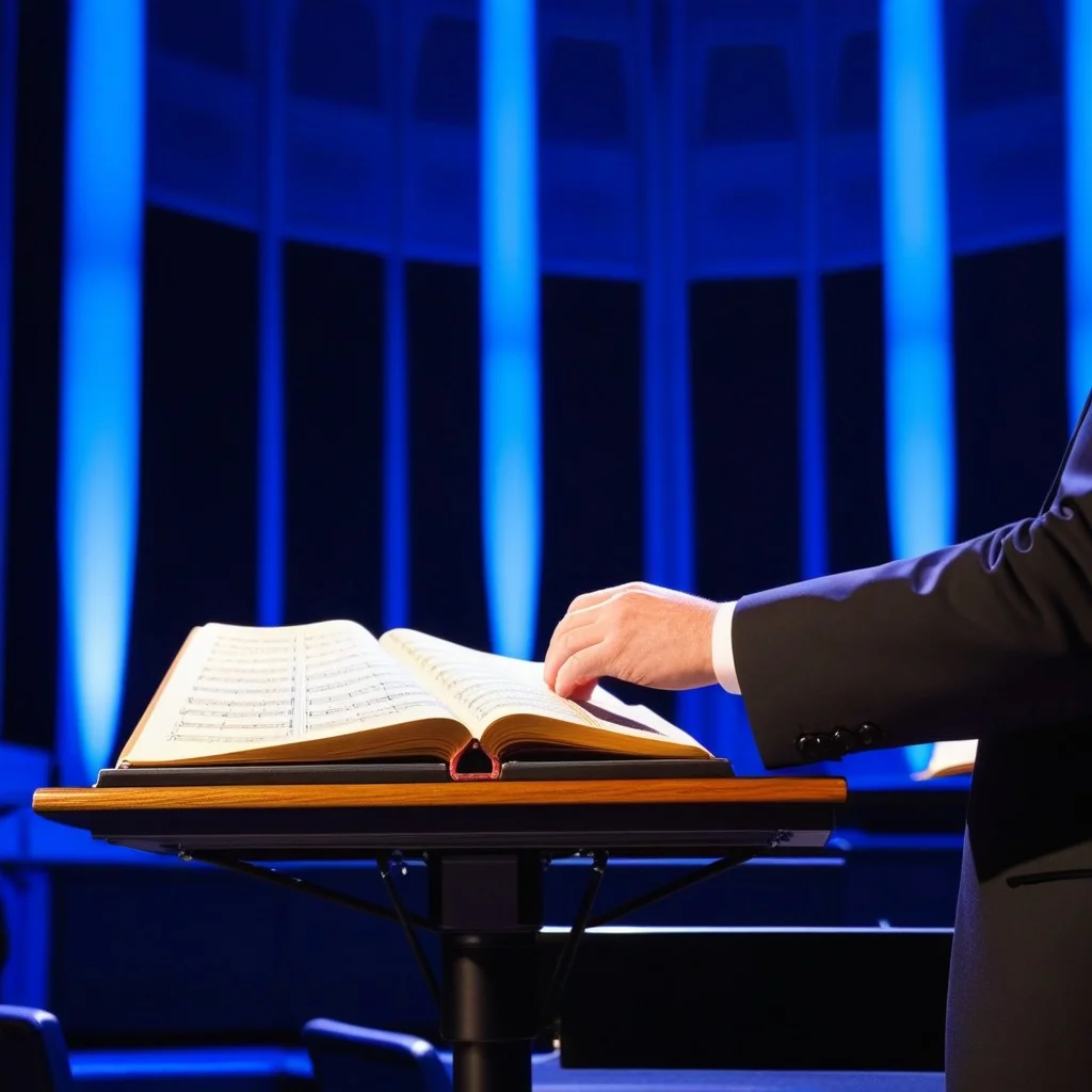 A detailed view of a choir stand with folded hands resting on the music desk, fingers intertwined over an open score, lit by soft blue and white stage lights that emphasize the tension in the knuckles