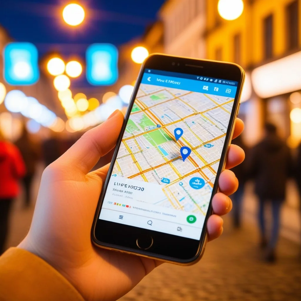A close-up, high-energy shot of hands holding a vintage paper map next to a modern smartphone displaying a live street view, surrounded by blurred colorful bokeh lights from a festive evening event, suggesting a digital and historical comparison.