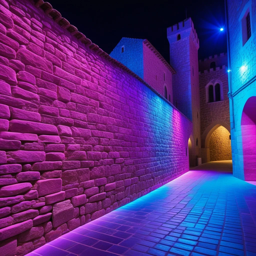 A detailed shot of a textured stone wall in an old Perpignan building, illuminated by dramatic, colorful spotlights (blue and magenta), with a small, focused crowd of people in the background, capturing the vibrant and modern interpretation of historical architecture.