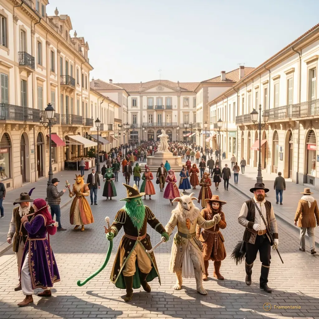 Nino, l'âne de Tramontania — Photo éditoriale, vue panoramique du centre historique de Perpignan sur les places Gambetta, République et Rigaud. Les allées sont animées par des groupes costumés (bruixes, créatures fantastiques) sous une lumière d'après-midi ensoleillée.