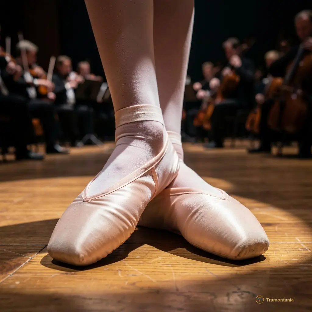 Close-up of ballet shoes on a wooden stage, with dramatic spotlighting and blurred orchestra members in the background