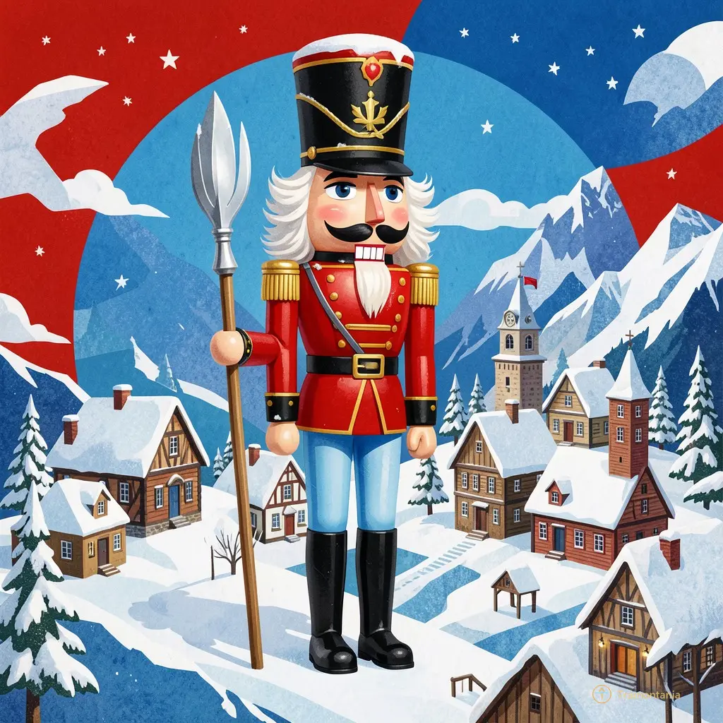 A colorful collage style illustration of a nutcracker soldier standing guard over a miniature snowy village, with vibrant reds and blues