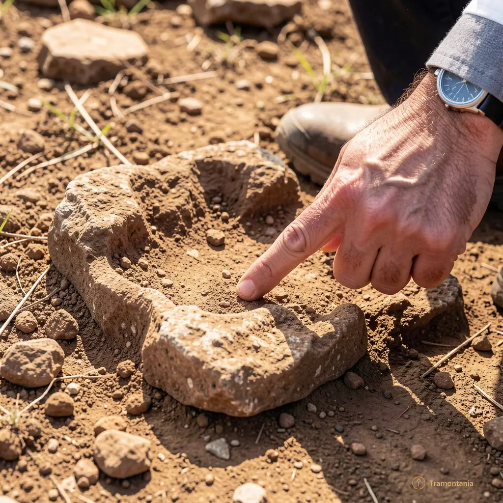 Close up of a visitor's hand pointing to an archaeological vestige on the ground