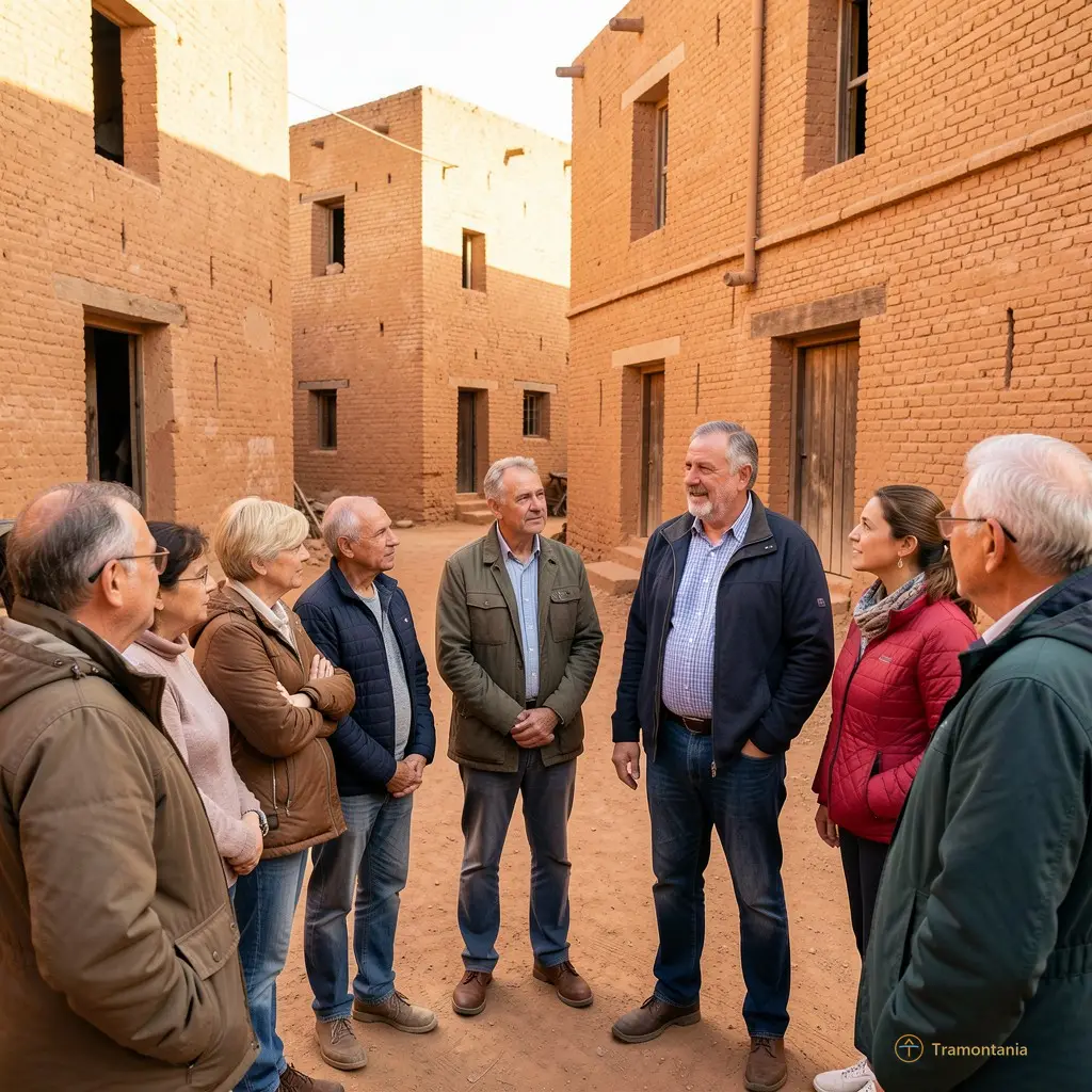 Group of tourists listening attentively to guide Olivier Bru in front of ochre brick buildings